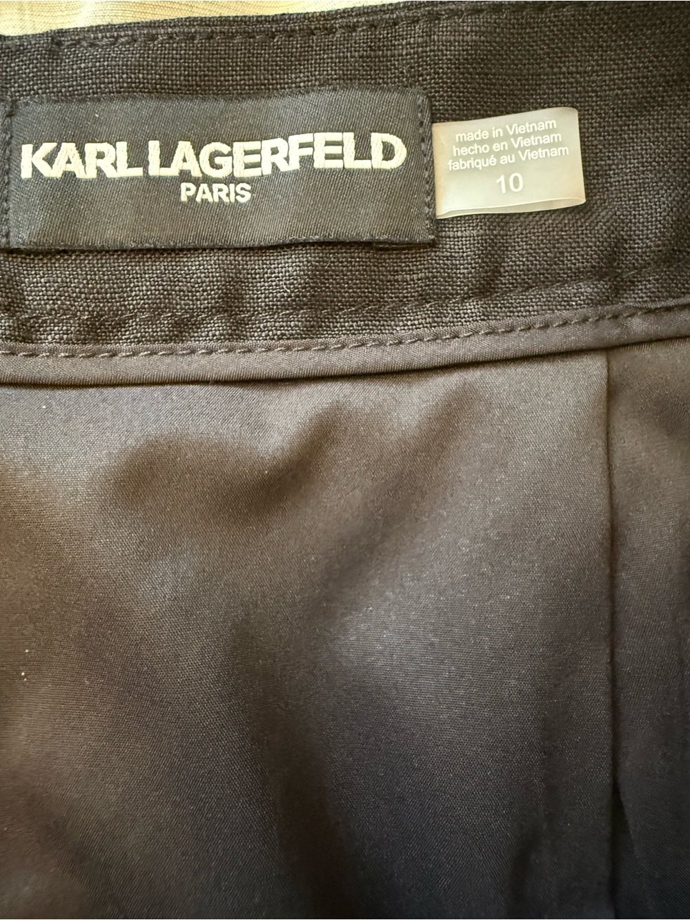 Karl Lagerfeld Paris Black Linen Blend Trapunto Stitch Logo Button Mini Skirt 10 - Picture 3 of 7